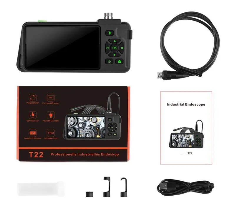 Handheld industrial endoscope with 4.5-inch screen and thin black inspection probe
