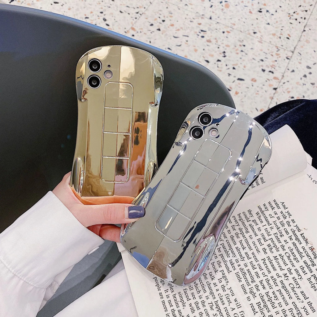 Sports car design TPU phone case in gold or silver for iPhone models, back cover style.