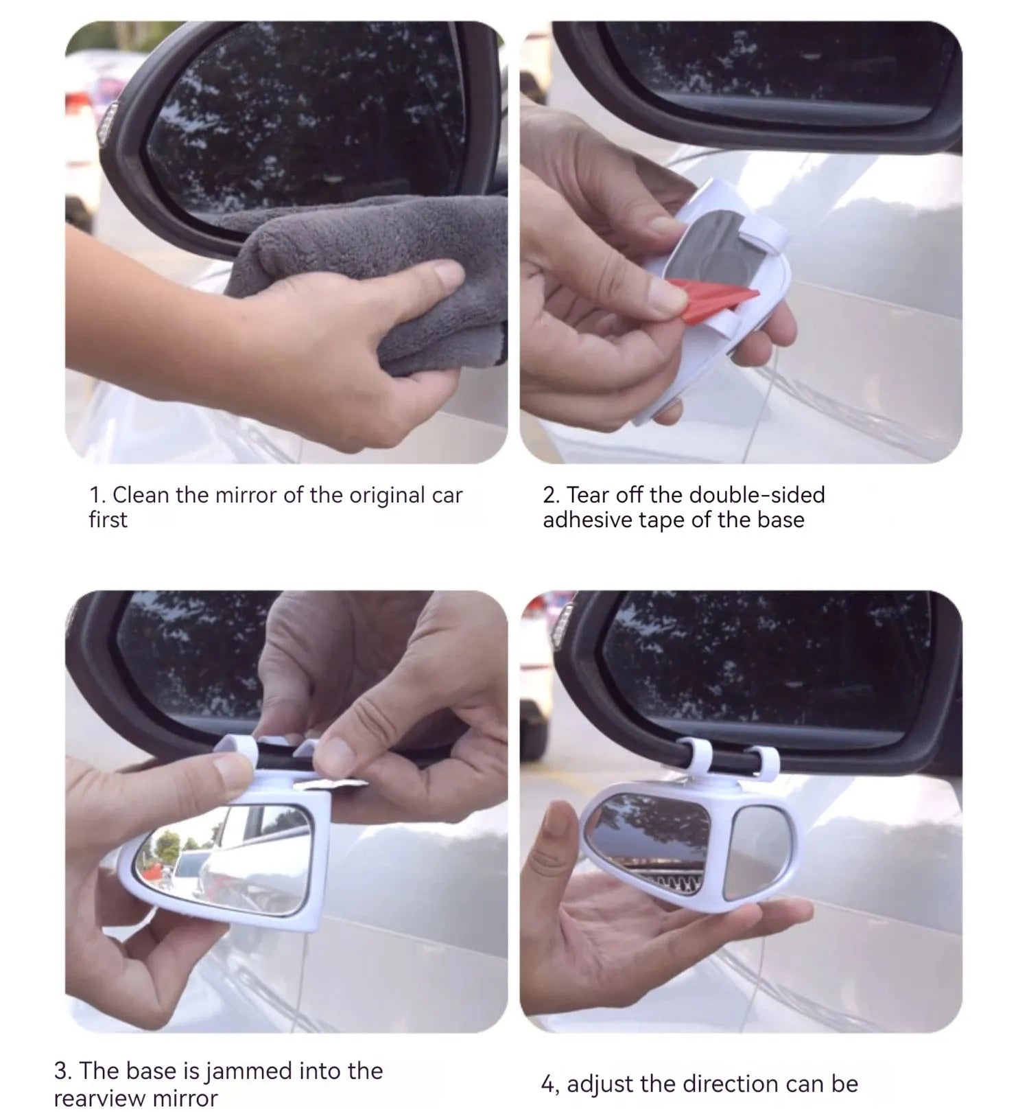A pair of small, round, adjustable wide-angle car auxiliary mirrors on a black ABS plastic shell.