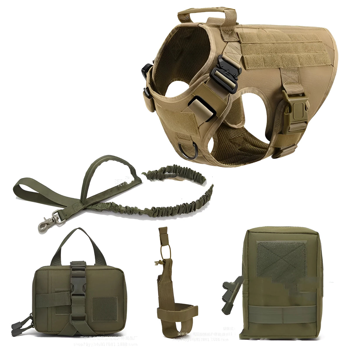 Tactical dog harness and leash set in camouflage with metal buckles and five-piece kit