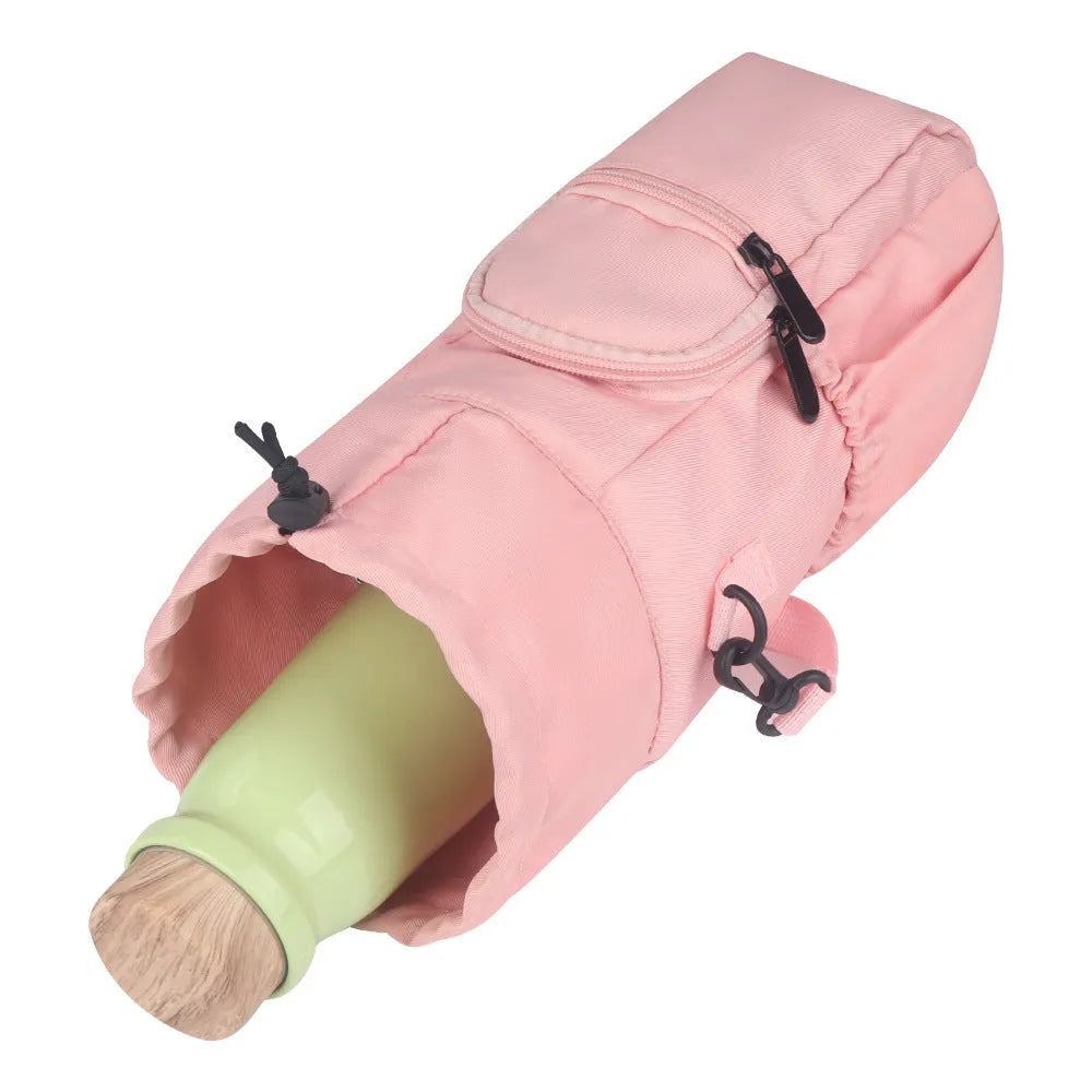 Canvas water bottle shoulder pouch with crossbody strap in black, green, and pink colour options