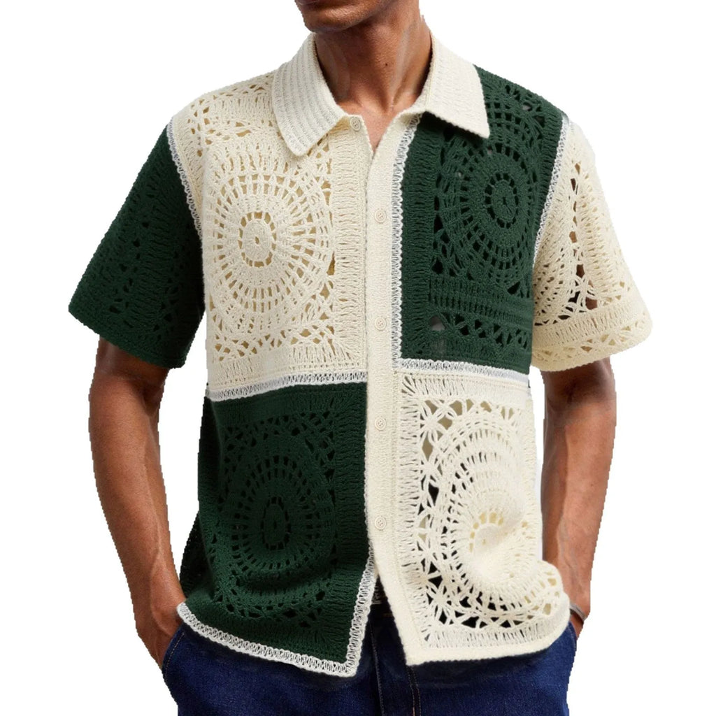 Men's beige colourblock knit shirt with short sleeves and flocking detailing