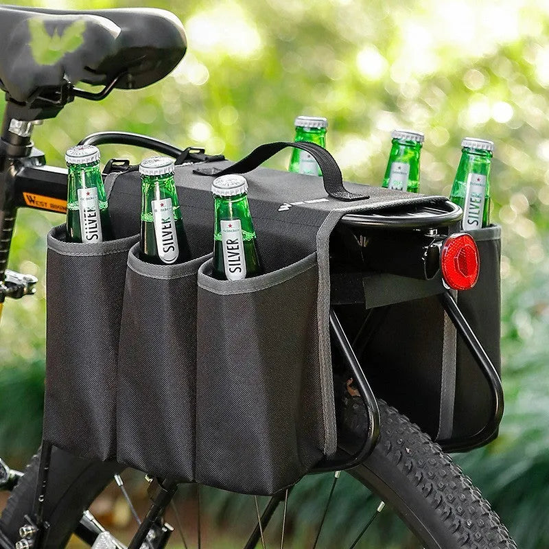 Double-sided black bicycle drink storage bag mounted on bike frame with bottle