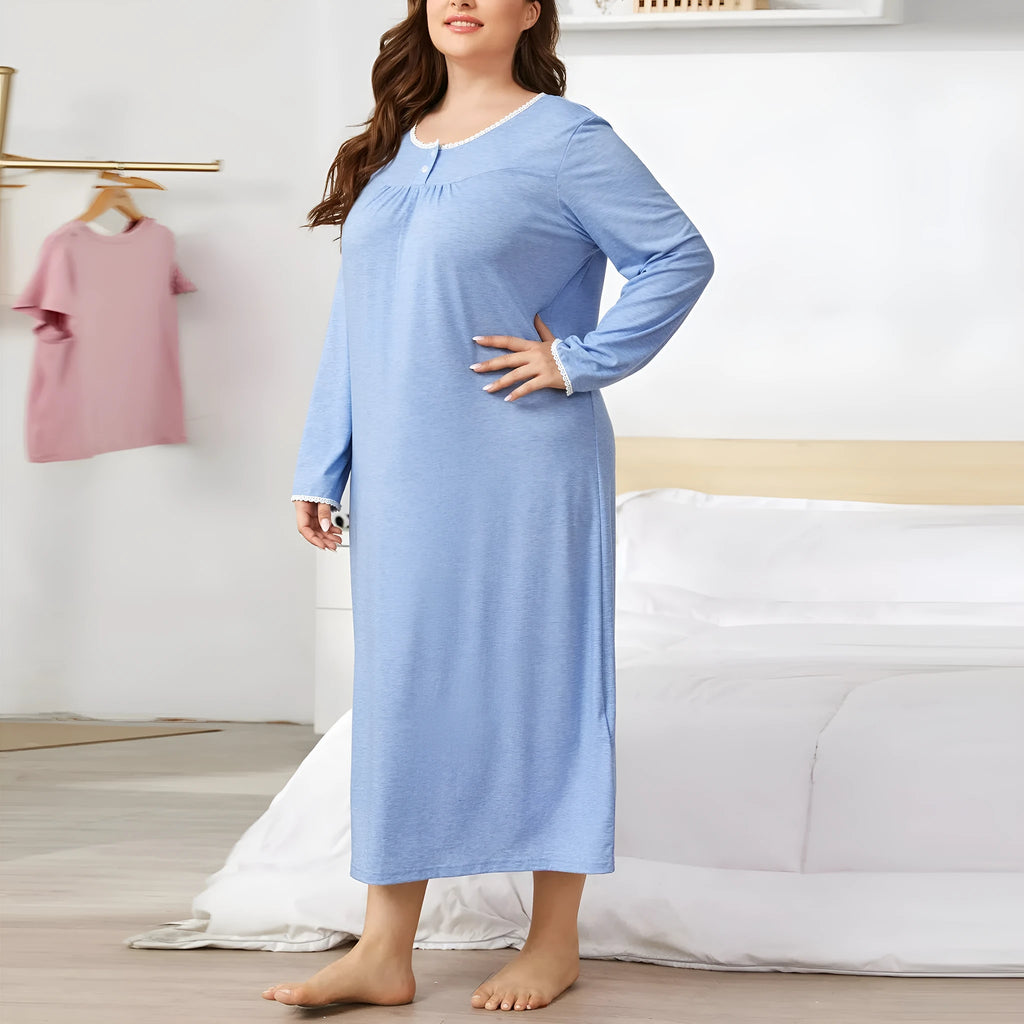 Women's light blue lace stitching pleated long-sleeved nightdress in plus size 1XL to 4XL