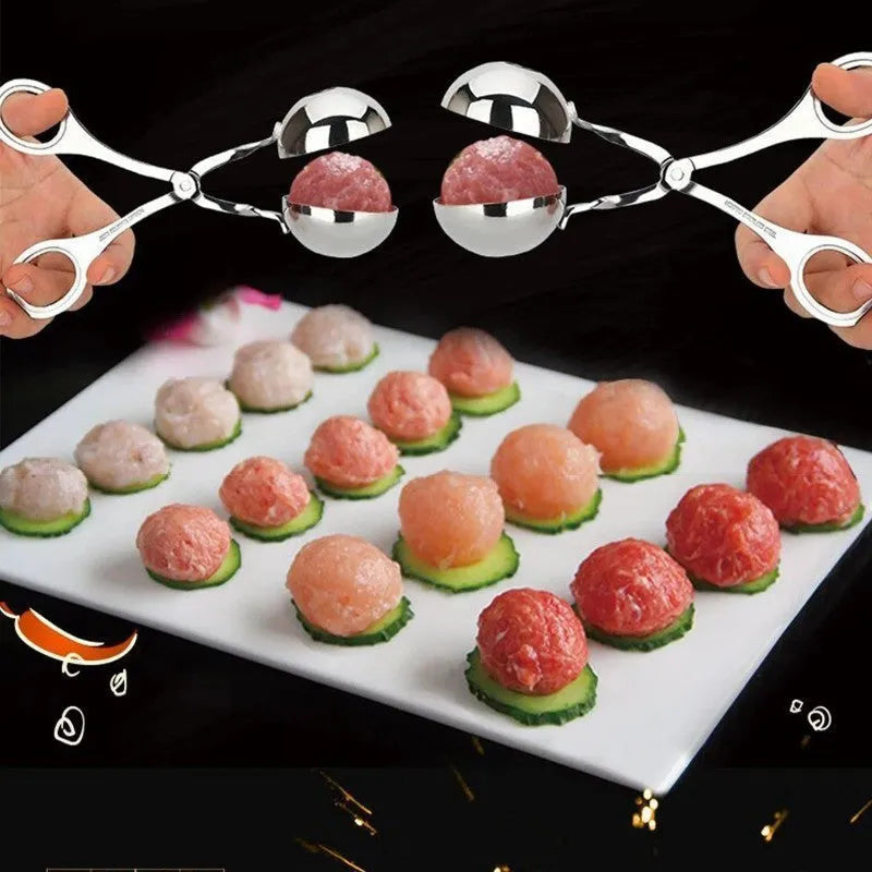 304 stainless steel meatball maker tongs on plain background, shows clip design and two size options, 16.5 cm length