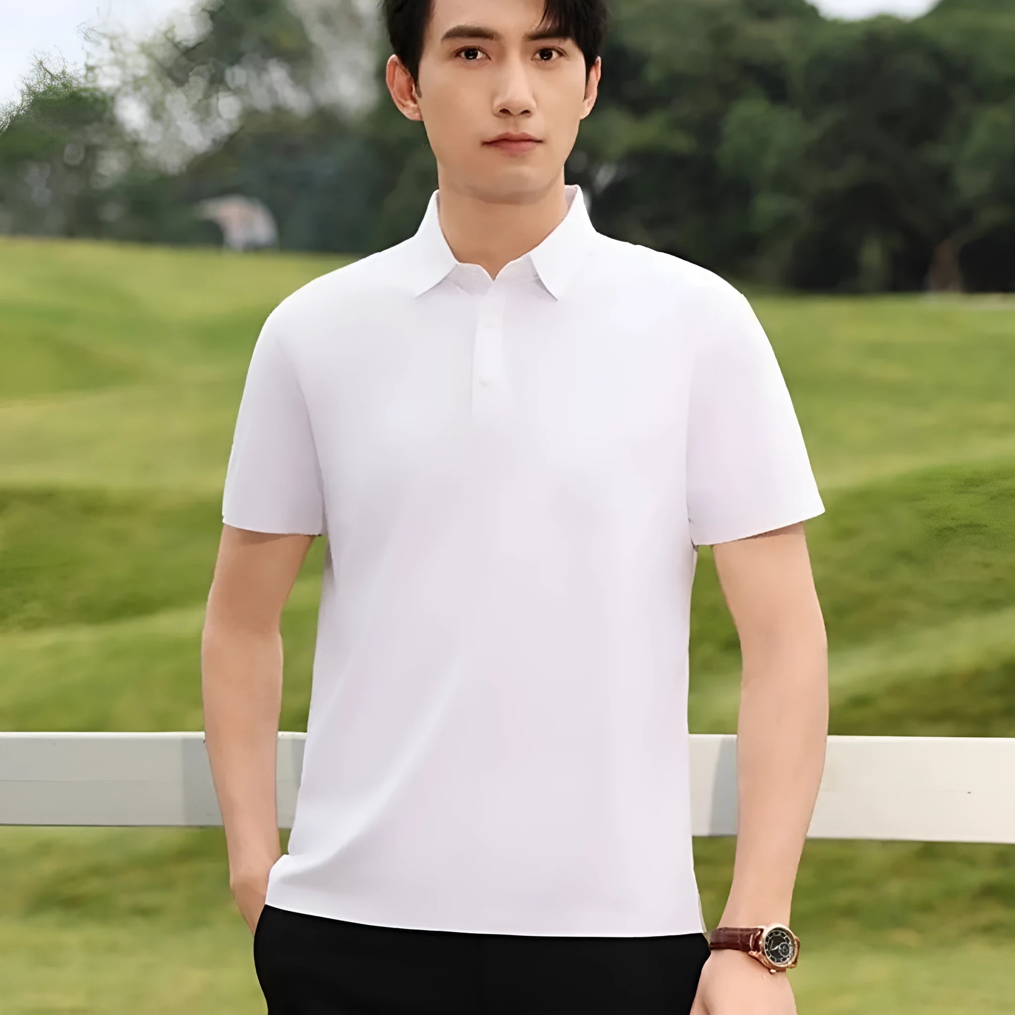 Men's slim fit T-shirt with seamless lapel in solid colour acrylic nylon fabric