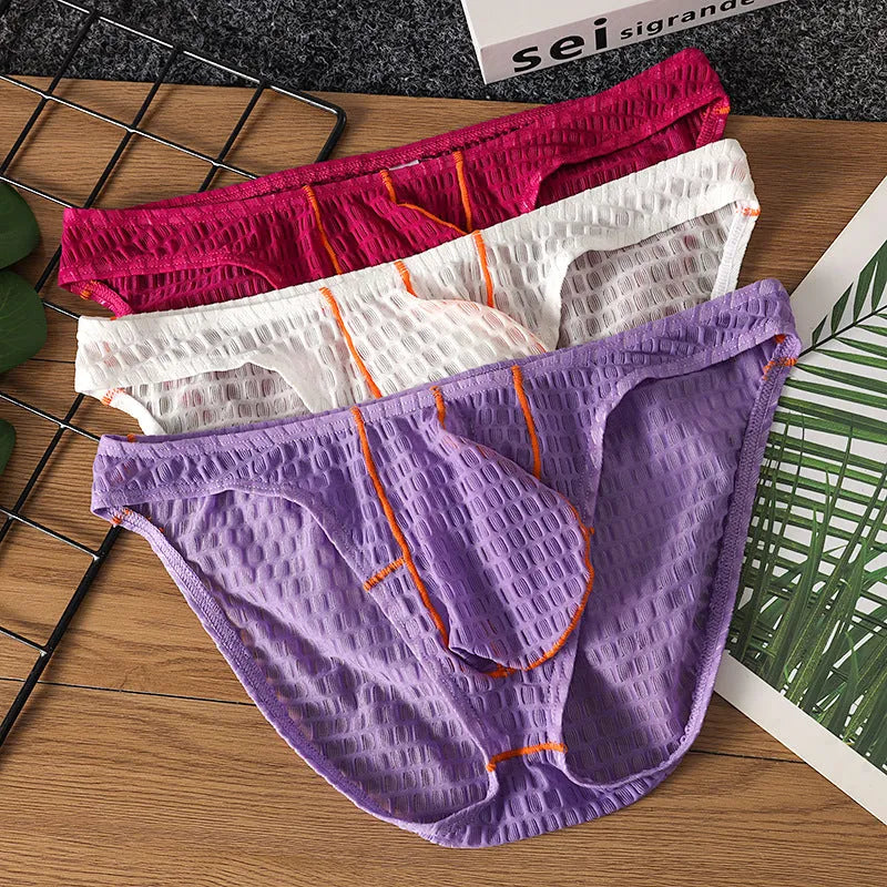 Men's low waist lace briefs in light purple on a white background