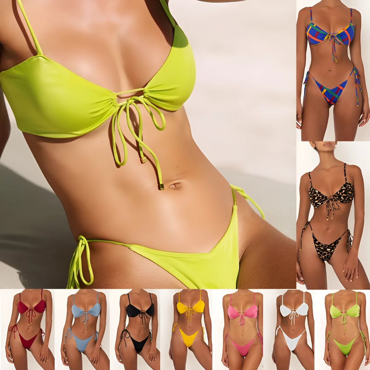 Drawstring bikini set in nylon bright cloth with glossy finish, available in S M L and nine colours