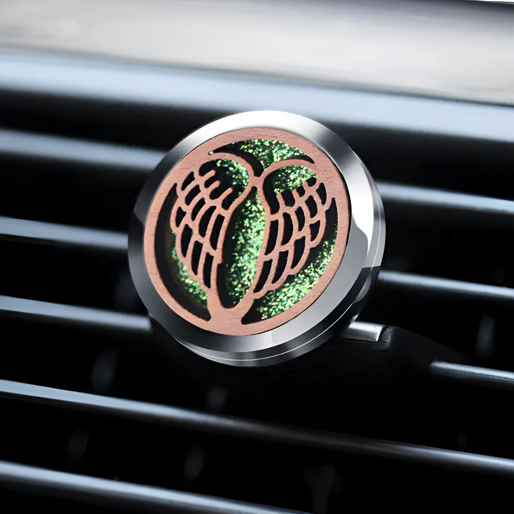 Circular car wood and alloy aromatherapy clip with incense holder, shown in one of 20 available colours.
