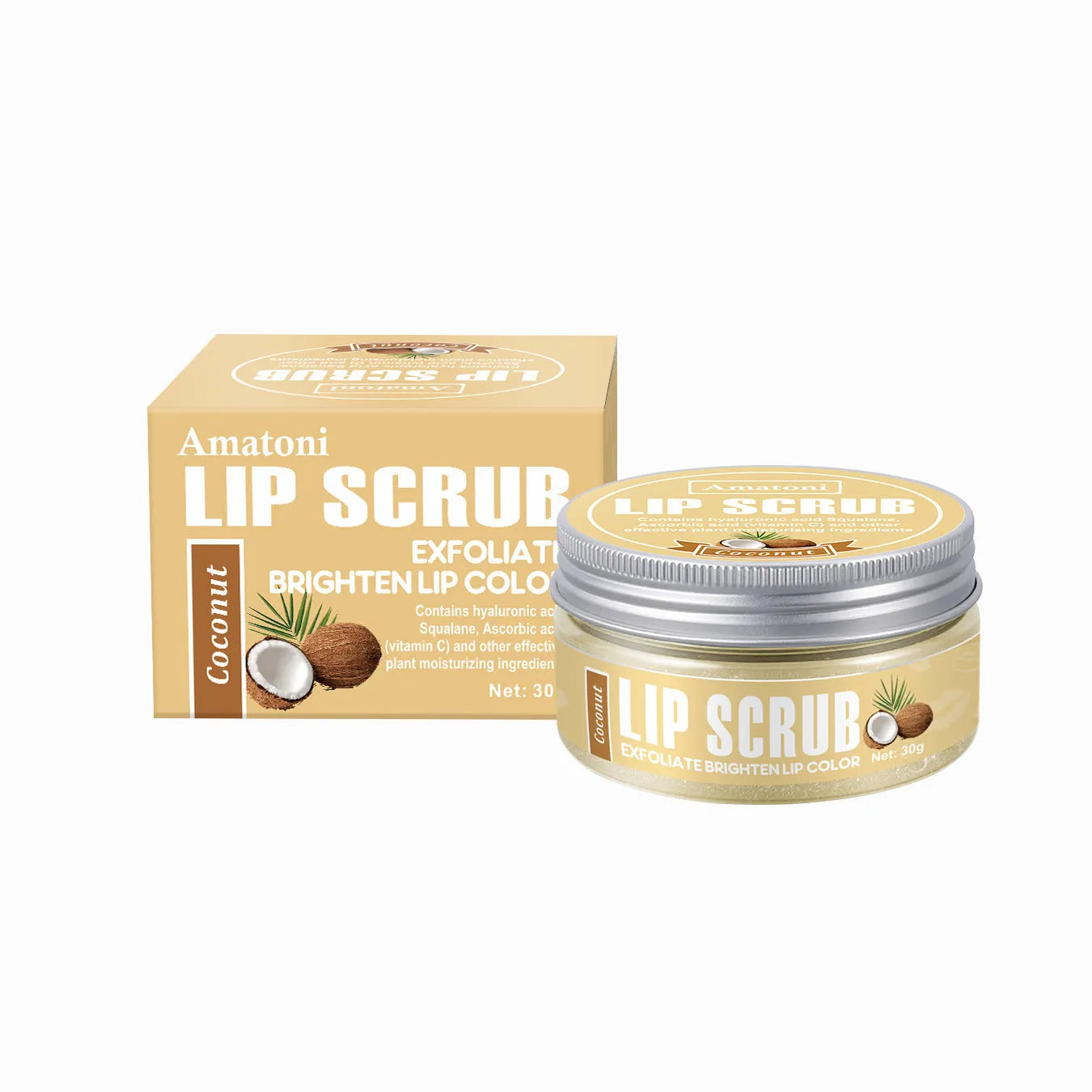Amatoni Lip Scrub pot in coconut, raspberry, vanilla, or watermelon flavour, 30g.