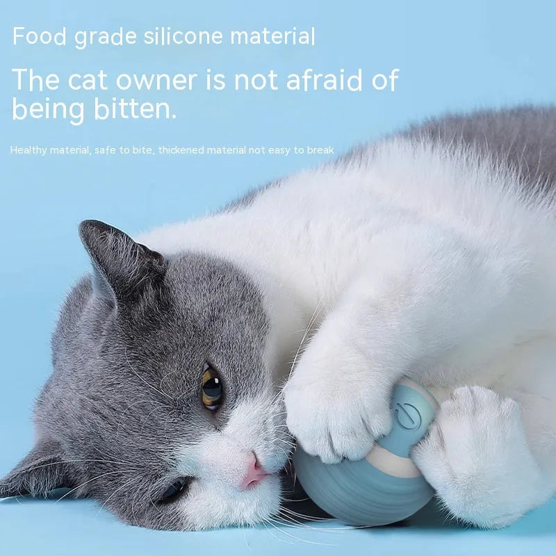 Automatic moving cat toy ball with silicone construction in blue and pink colour options