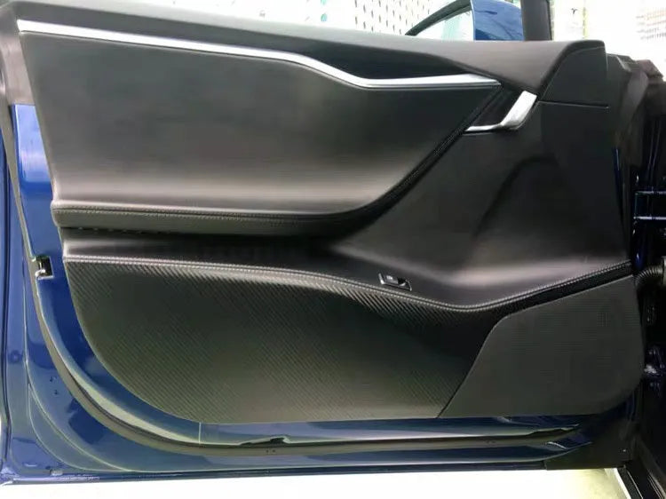 Carbon fibre textured protective film for Tesla Model S front and rear interior door panels