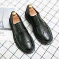 Men's black brogue shoes with round toe and artificial PU upper material