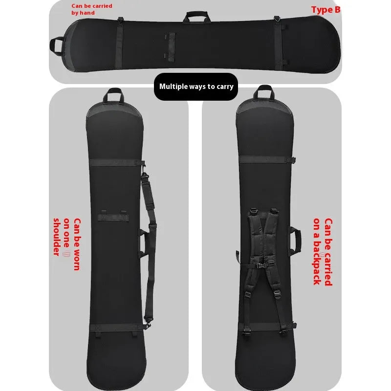 Black 138cm double shoulder ski board bag with Velcro fastening and veneer finish