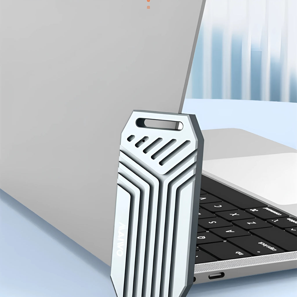 Aluminium M.2 NVMe SSD external enclosure for 2280 drives in grey and silver colours.