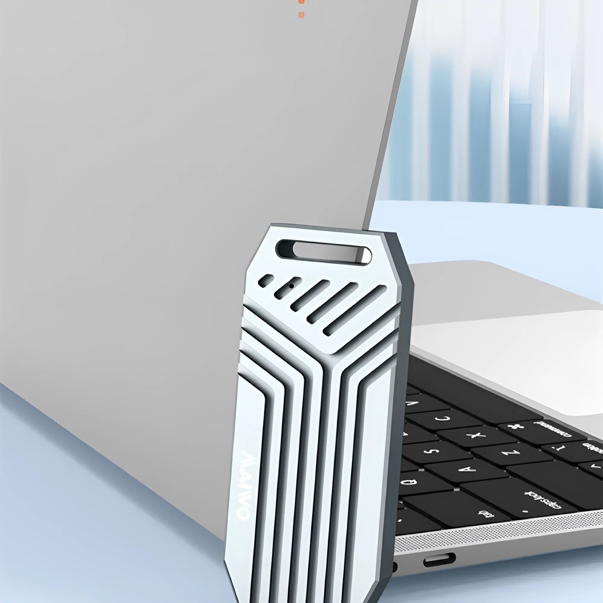 Aluminium M.2 NVMe SSD external enclosure for 2280 drives in grey and silver colours.