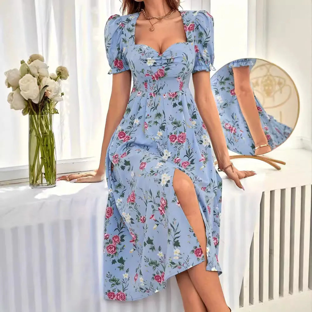 Blue printed bubble short sleeve dress with mid-waist and mid-length skirt for women