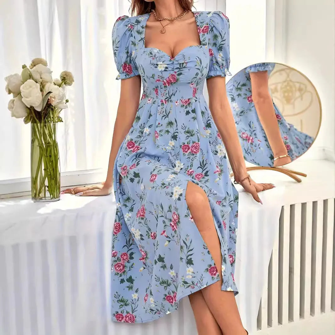 Blue printed bubble short sleeve dress with mid-waist and mid-length skirt for women
