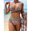 Women's three-piece bikini set with cross bandage top, high-waist split-side briefs, and smock in solid colours