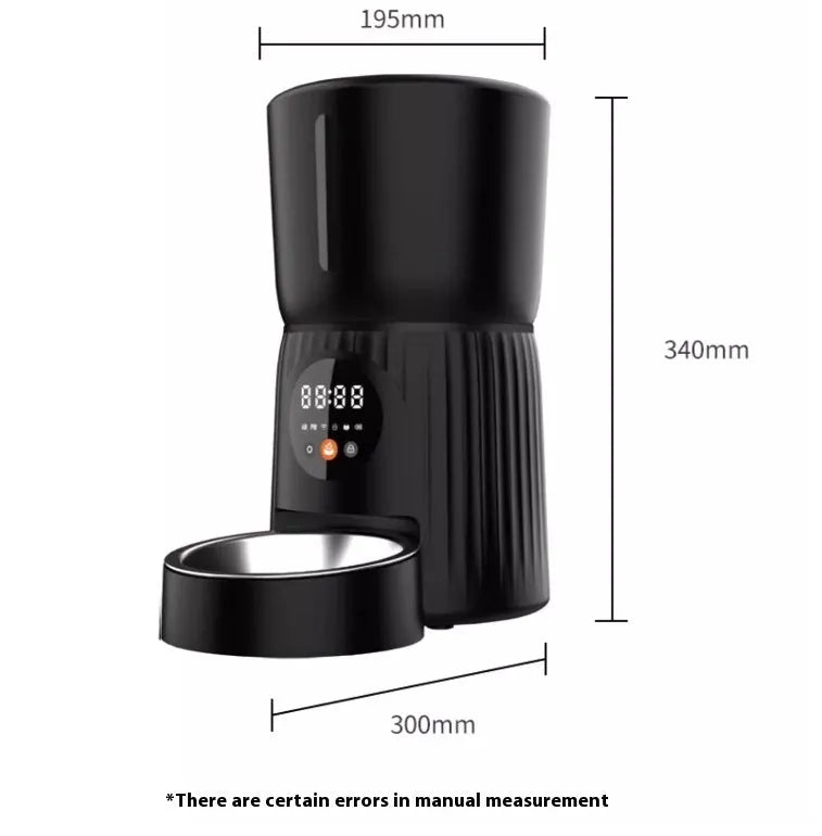 Black and white automatic pet feeder with USB power connection for timed remote feeding