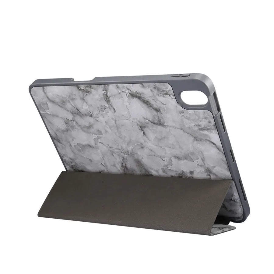 Tri-fold marbling imitation leather iPad case in dark grey with a built-in slot for an Apple Pencil.