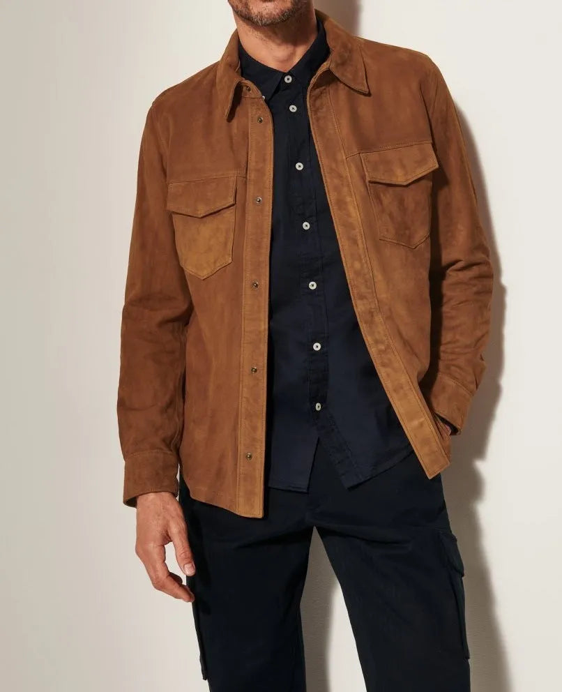 Noah Suede Shirt Jacket men's coat in brown, red, or green, polyester fibre, regular length, sizes S to XXXL.