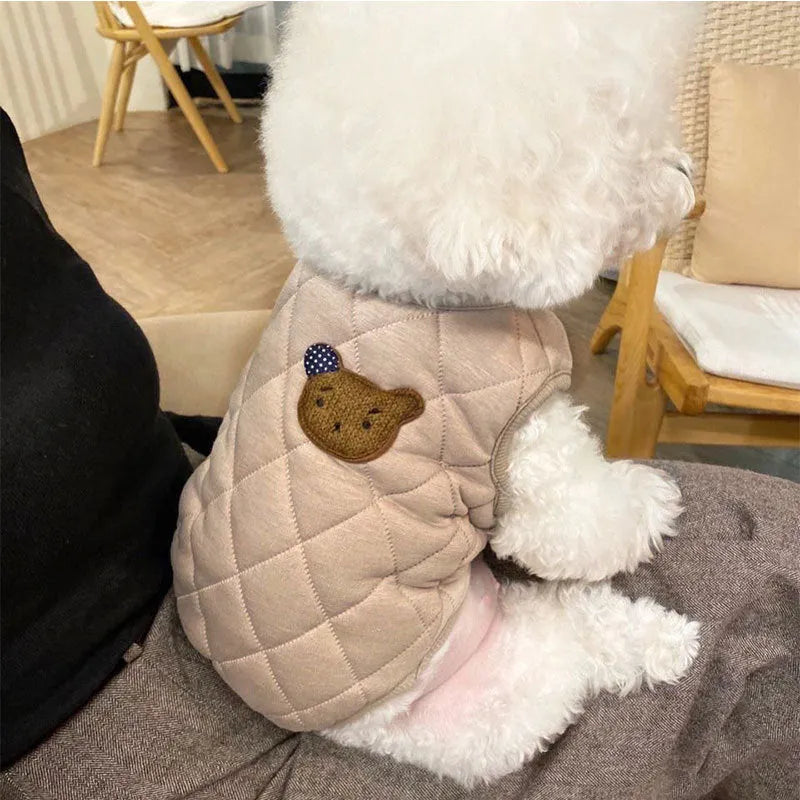 Quilted pet vest for small dogs with bear patch embroidery, cream and beige colours