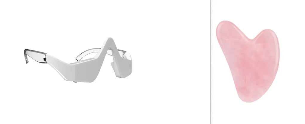 3D micro-current eye massager with glasses-like design showing pink and white colour options