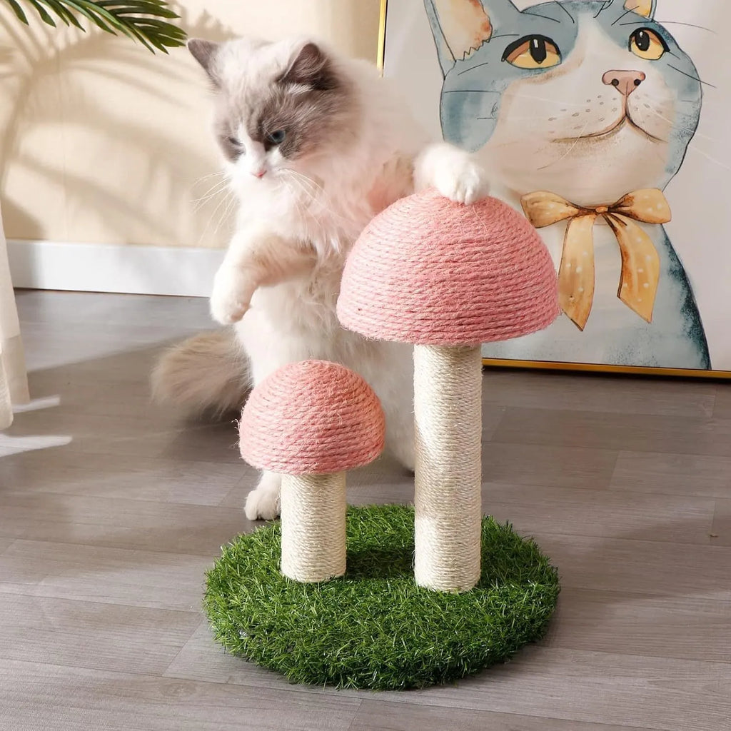 Pink mushroom-shaped cat scratching post with natural sisal fibre covering, for kittens and small cats.