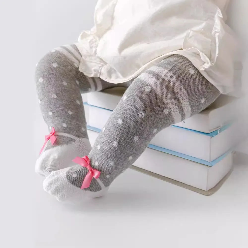Baby cotton pantyhose leggings for boys and girls, high waist, gray white dots pattern, 0-12 months