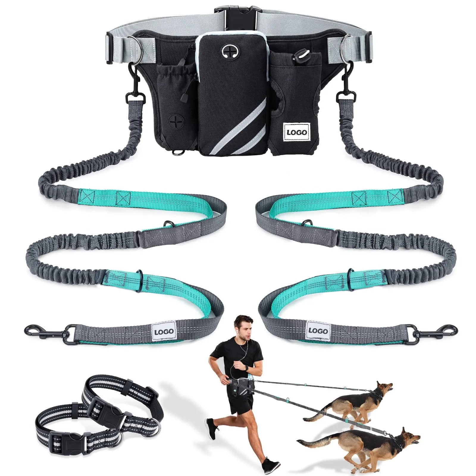 Black nylon dog walking set with waist bag and leash for outdoor use