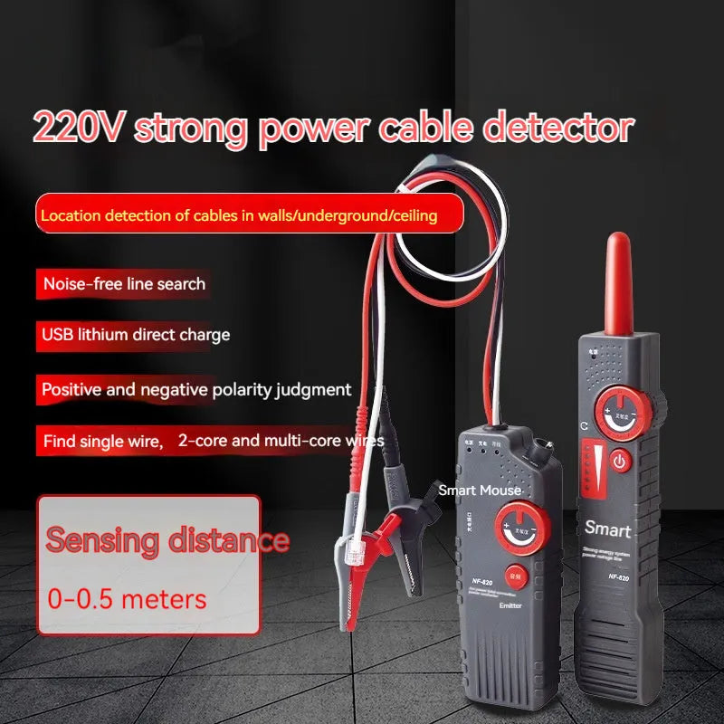Line finder buried wire cable tester with transmitter and receiver, 50x200mm, on a workbench