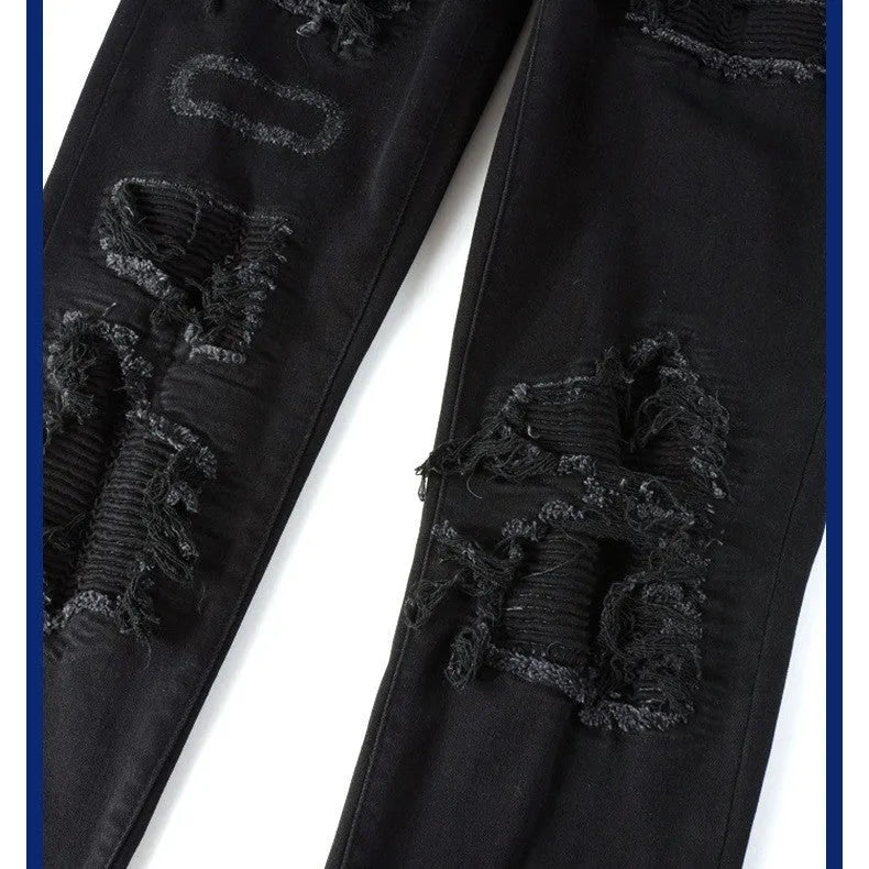 Black Patch Pleated Jeans For Men Cotton 98% Micro-elastic Double Waistband Zipper Placket Casual Trousers Black Asian Sizes 28-40
