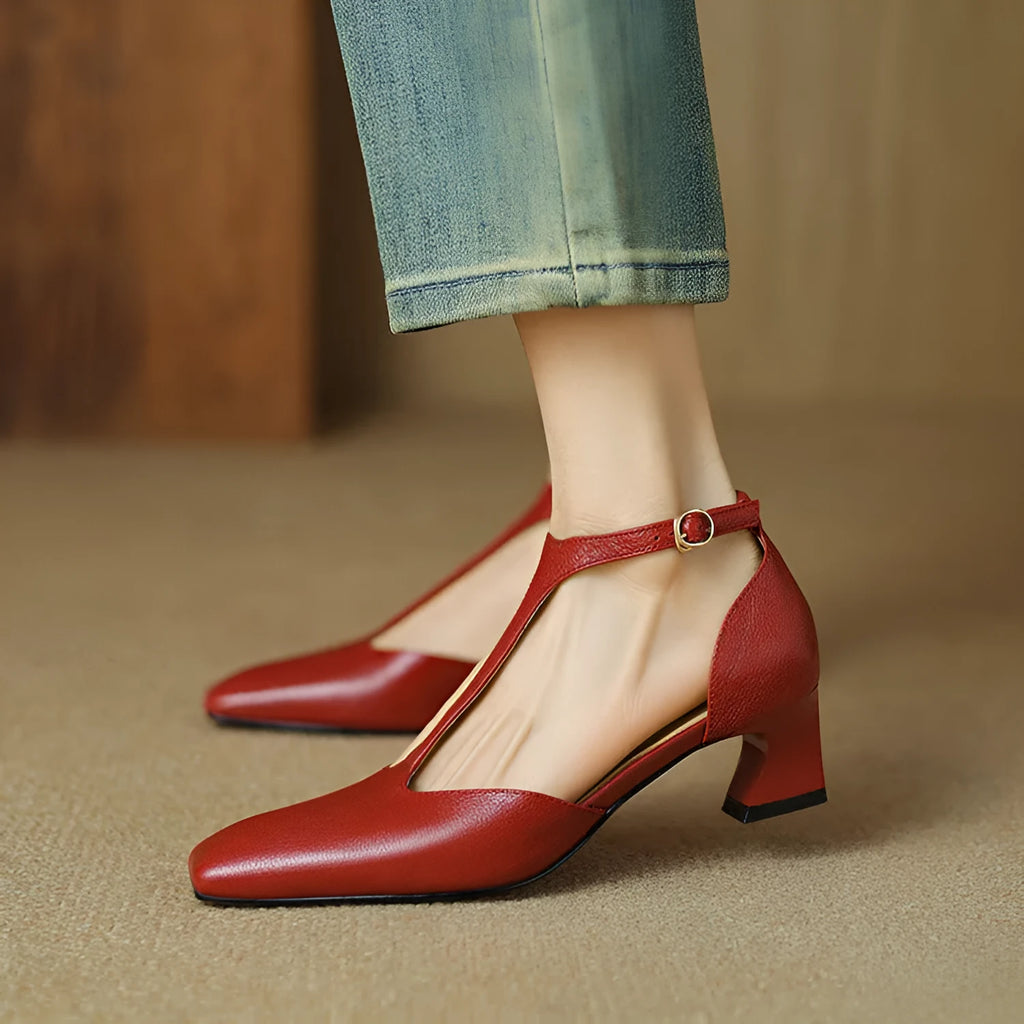 Women's wine red retro square toe chunky heel sheepskin leather shoes with buckle fastening
