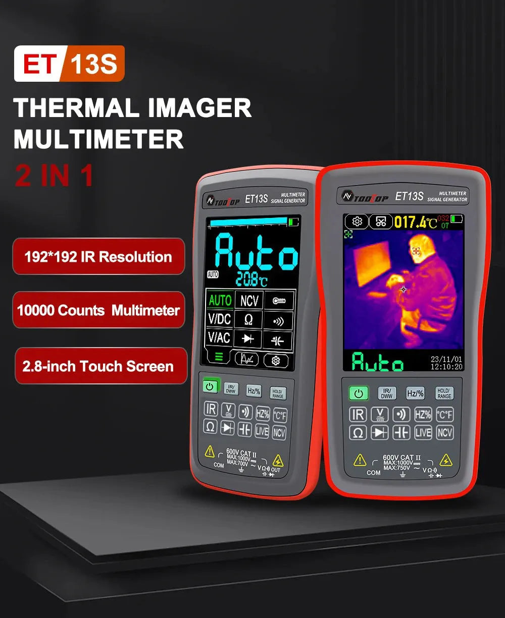 192×192 resolution thermal imaging multimeter with digital display showing thermal image and measurement readings