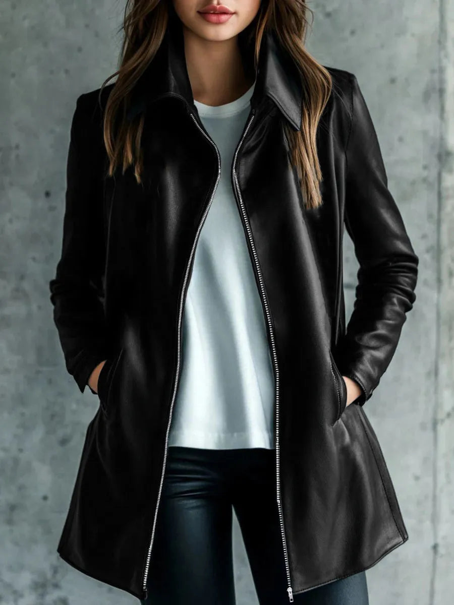 Women's black polyester leather jacket with medium length 65cm cut and long sleeves
