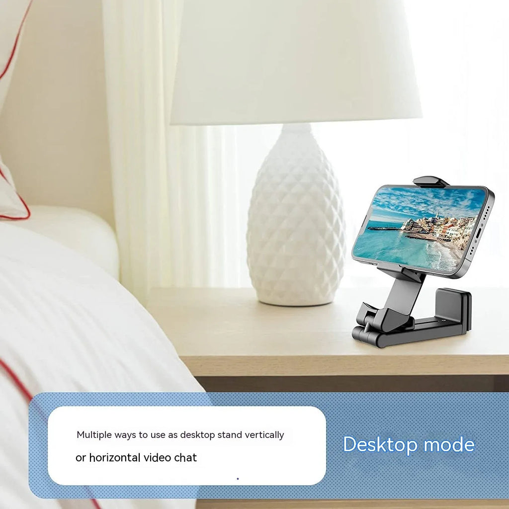Foldable rotating phone holder in black, grey, or green colours showing universal smartphone compatibility