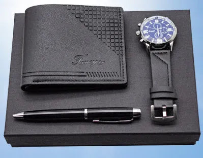 Brown and black 4-piece gift set containing wallet, pen, watch in modern style gift box