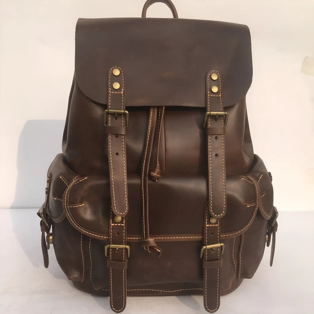 Coffee brown genuine leather men's backpack with air pillow belt comfort system