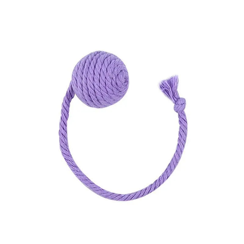 Colourful cat toy ball with attached rope, internal bell makes sound when rolled