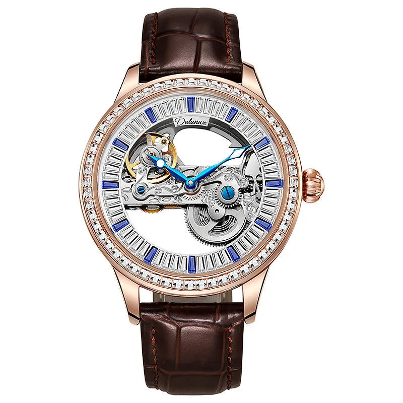 Men's luxury mechanical watch with waterproof feature showing choice of leather and steel straps in three colours