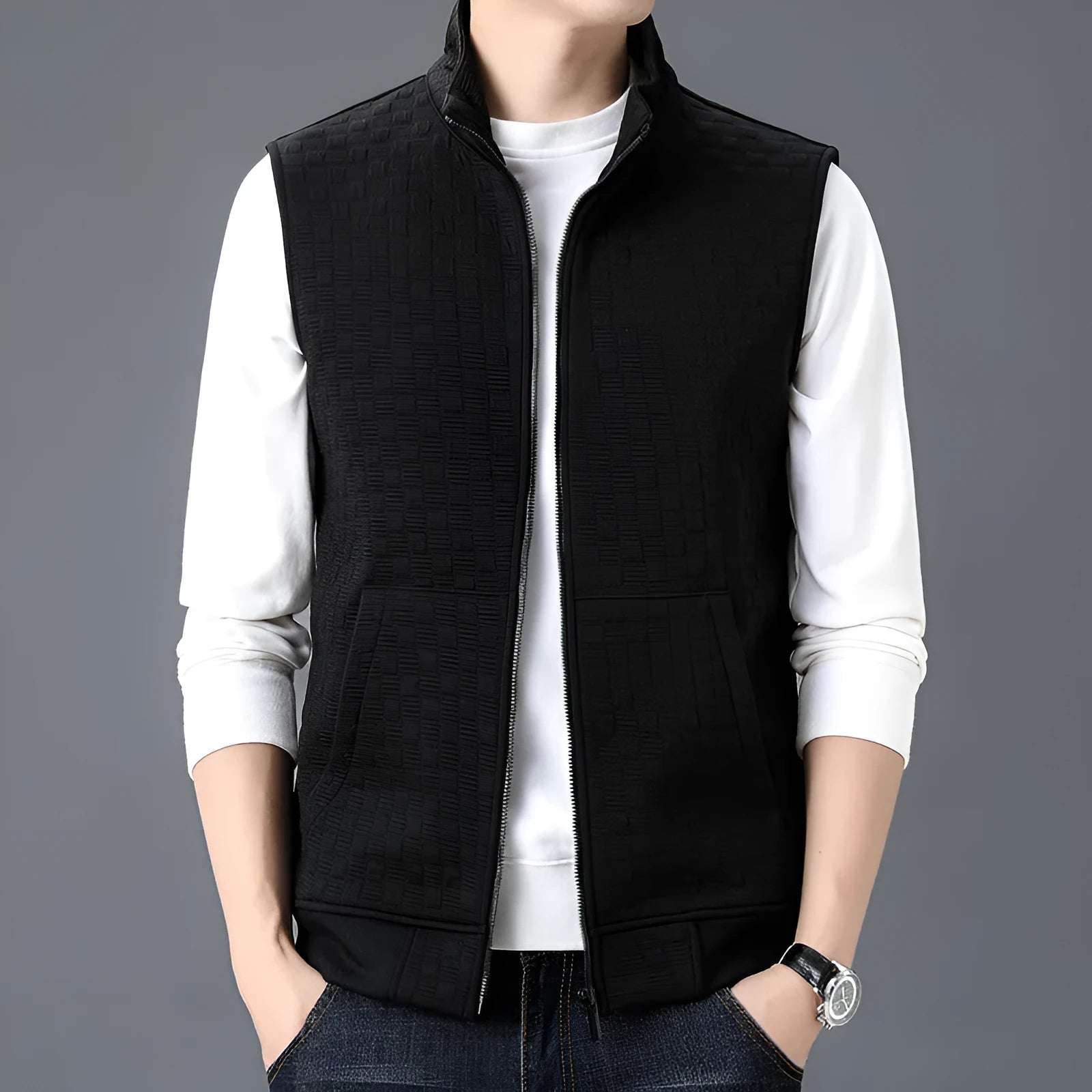 Sleeveless waistcoat vest in polyester blend fabric available in black, brown, grey, and khaki colours