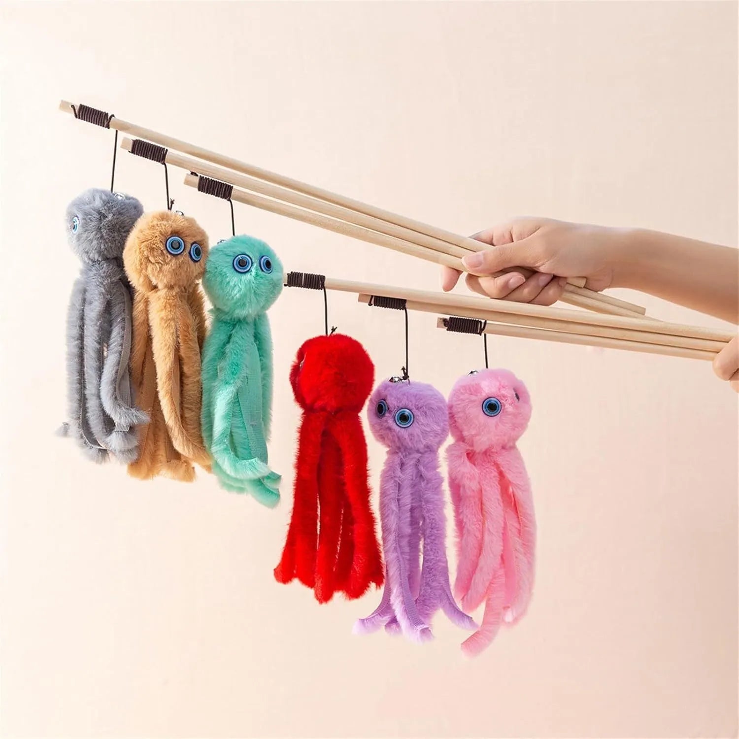 Indoor octopus cat toy with long stick for kittens and adult cats in four colour options