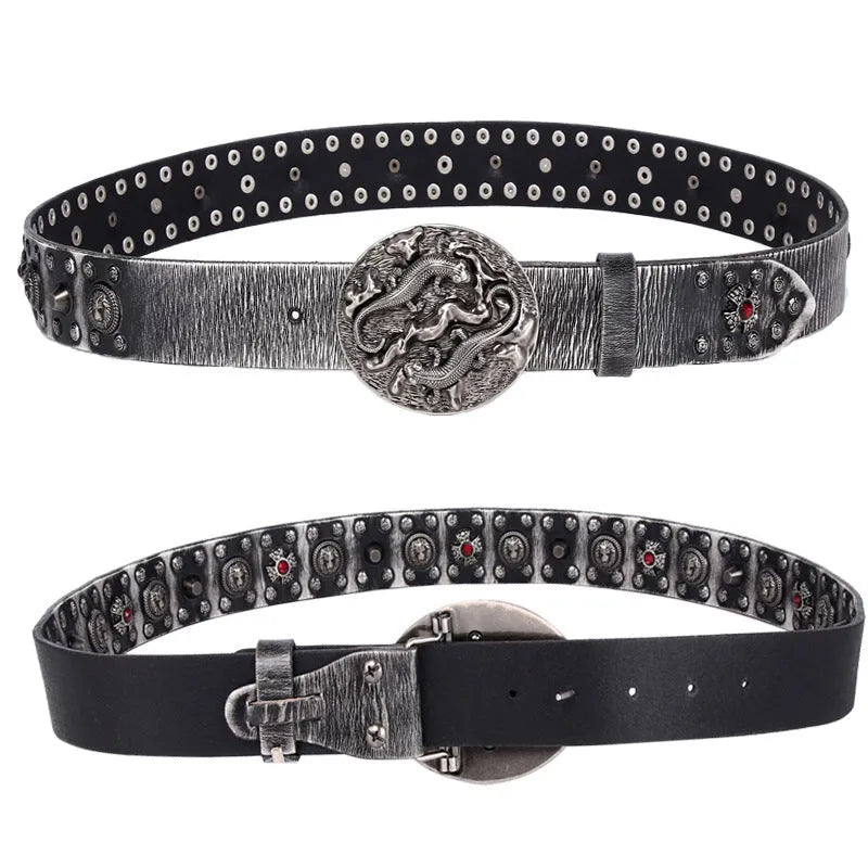 Men's black leather belt with a silver alloy buckle featuring punk-style rivet detailing