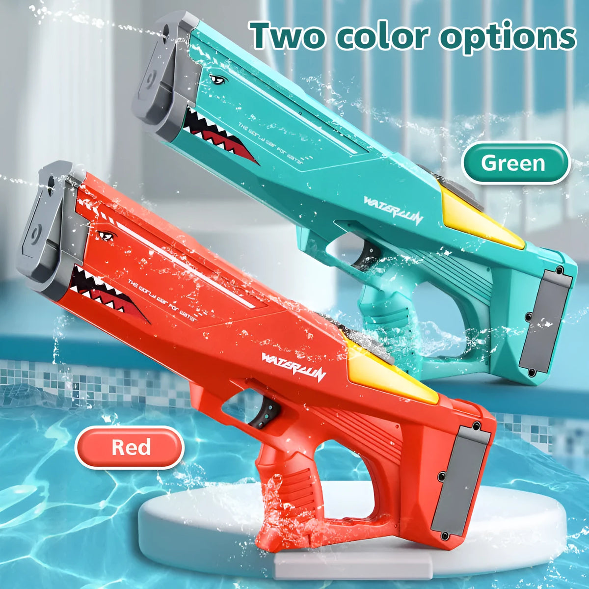 Red electric shark water gun with 500ml tank and 44cm barrel, shown with battery and USB cable