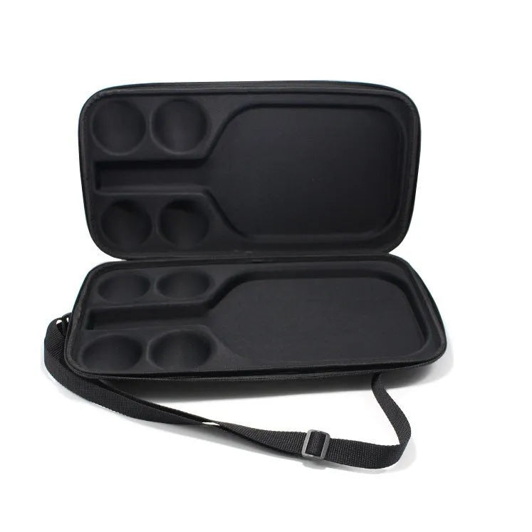 Black EVA pickleball storage bag with shoulder straps for one paddle and four balls.
