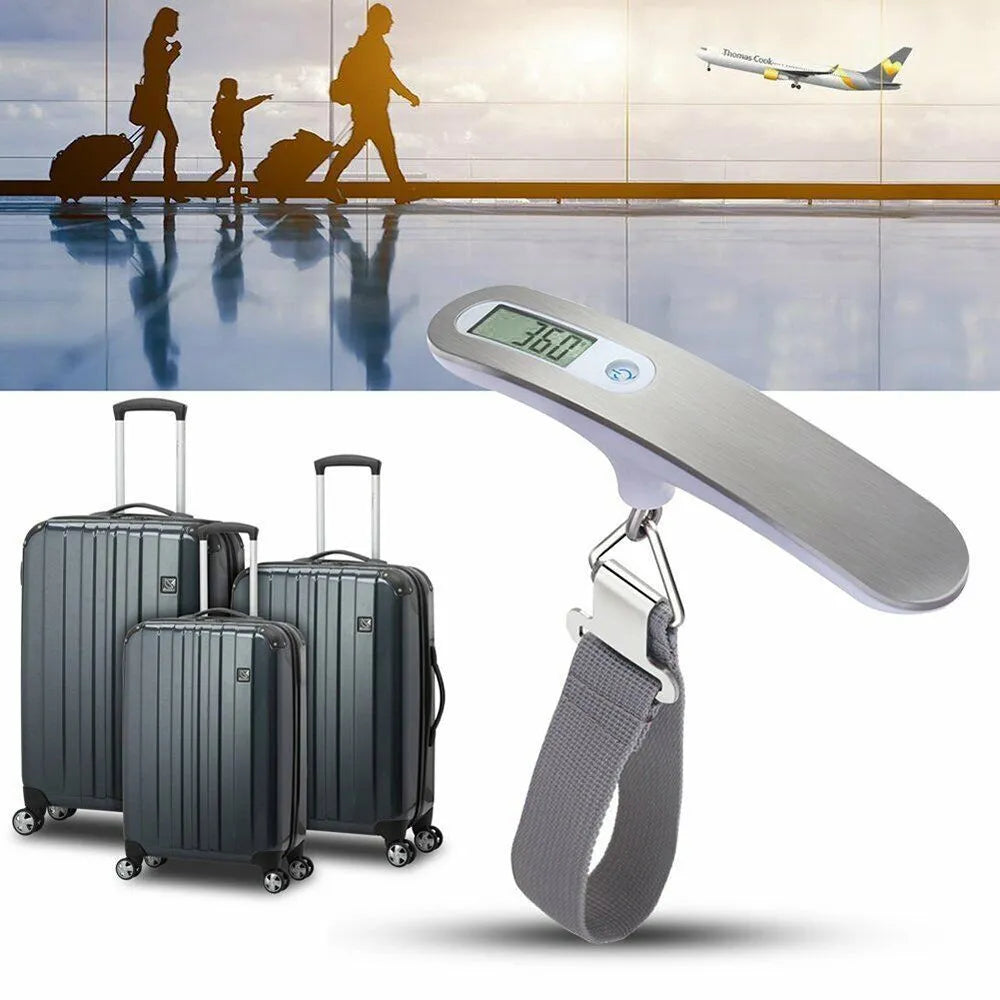 Silver portable LCD digital luggage scale with belt on handle, 50kg capacity