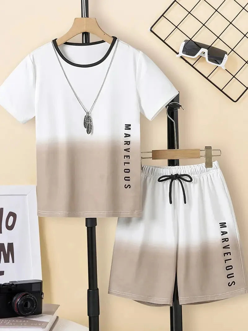 Boys' casual short sleeve t-shirt and shorts two-piece summer set with cartoon pattern in multiple colours