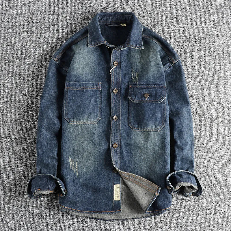 Men's washed vintage denim shirt in light blue and dark blue showing loose cardigan style and long sleeves