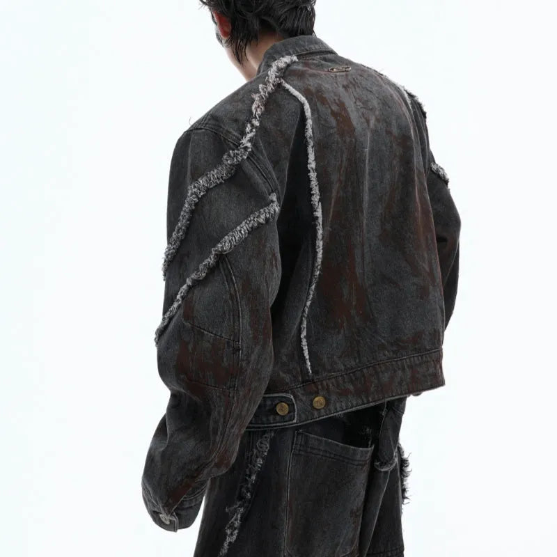 Distressed denim coat and matching black trousers set with gradient pattern and padded shoulders
